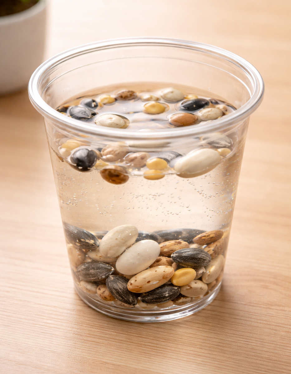 Mixed beans soaking in water inside a clear plastic cup with bubbles.