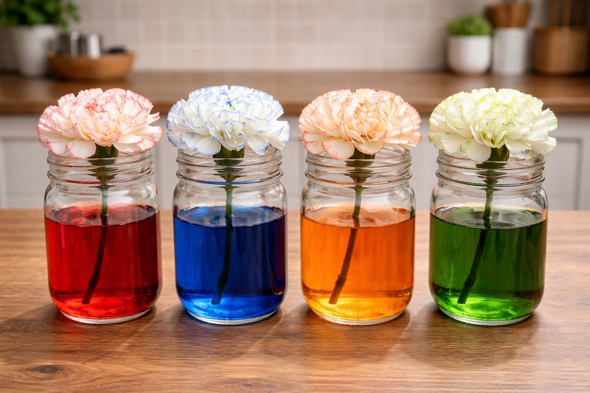 White flowers in jars of colored water showing dyed petals experiment.