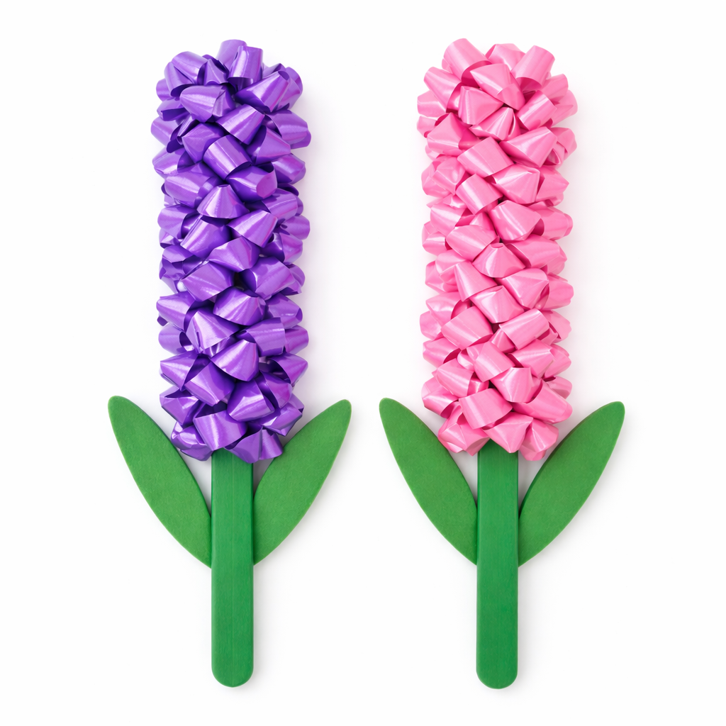 Two paper hyacinth flowers with curled purple and pink petals and green stems with leaves.