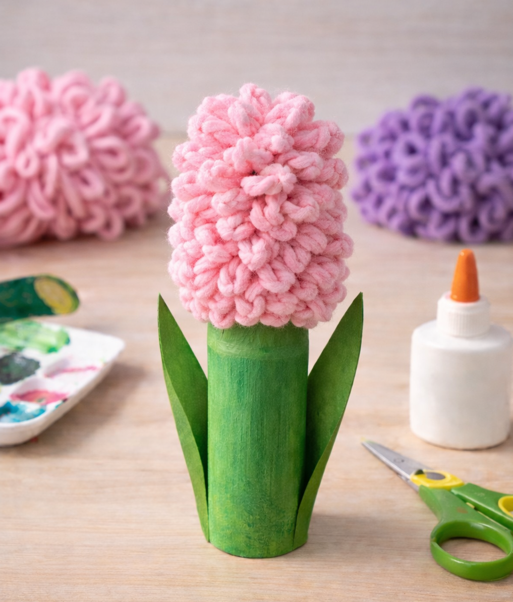 Pink yarn-wrapped flower on a green stem with leaves, surrounded by craft supplies.