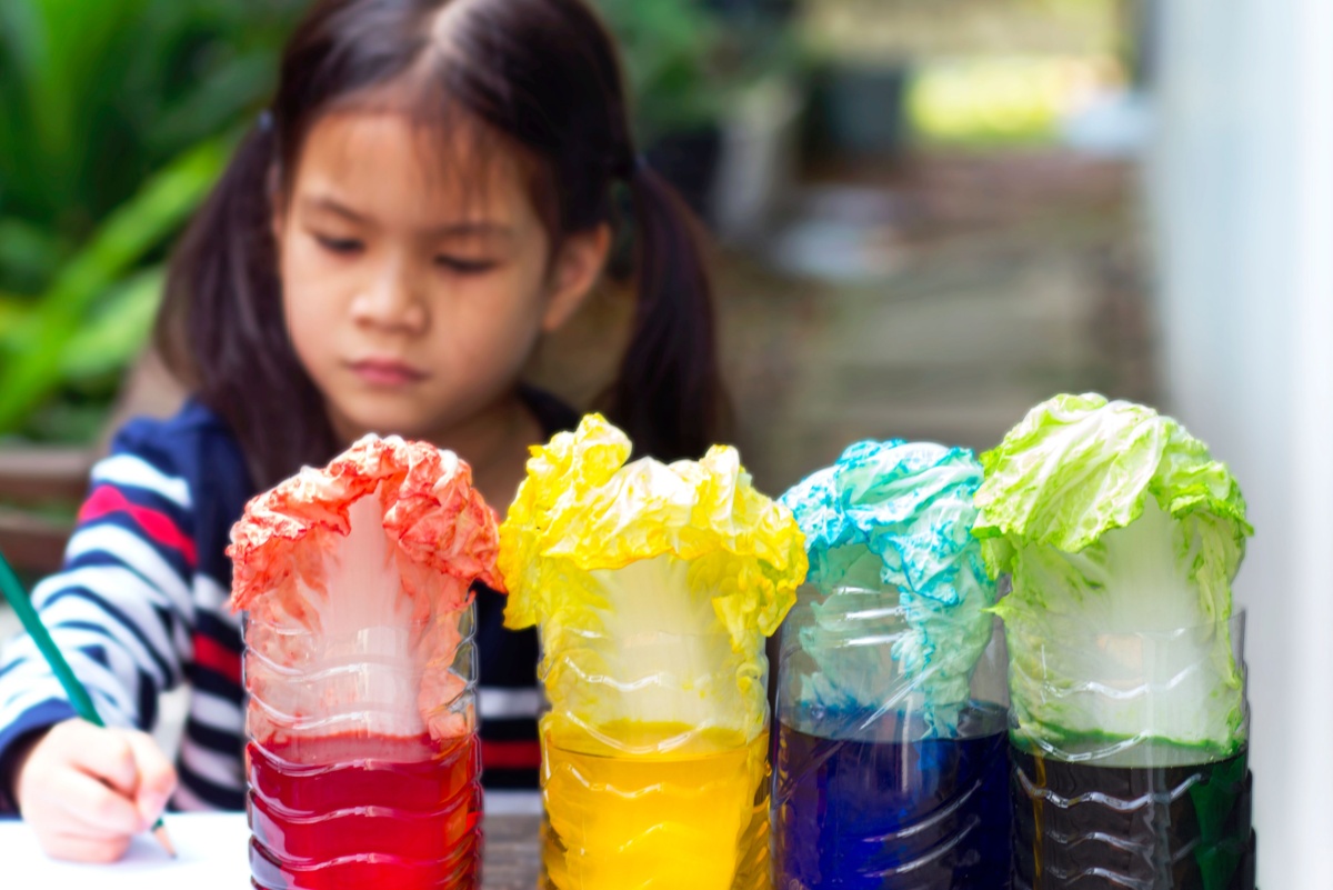 Child observing colored water traveling into leaves using jars and paper towels.