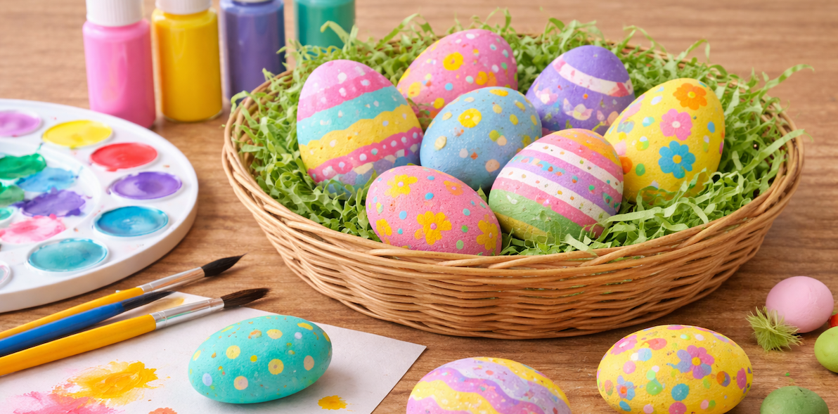 Wicker basket filled with pastel painted Easter eggs decorated with dots, stripes, and small flowers, resting on green paper grass.
