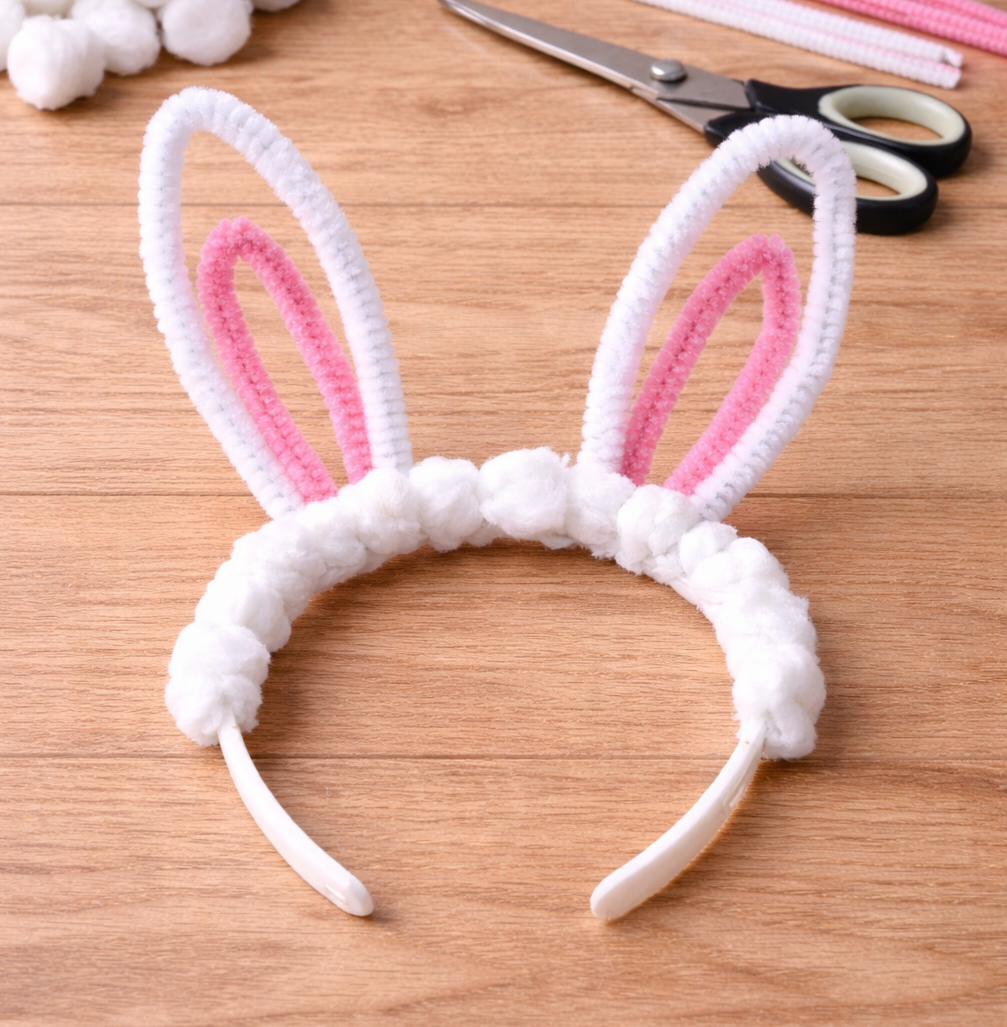 DIY bunny ear headband made with white and pink pipe cleaners and fluffy white trim, placed on a wooden surface with craft supplies nearby.