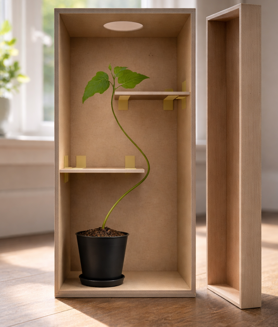 Tall plant bending toward light as it grows around shelves inside a box.