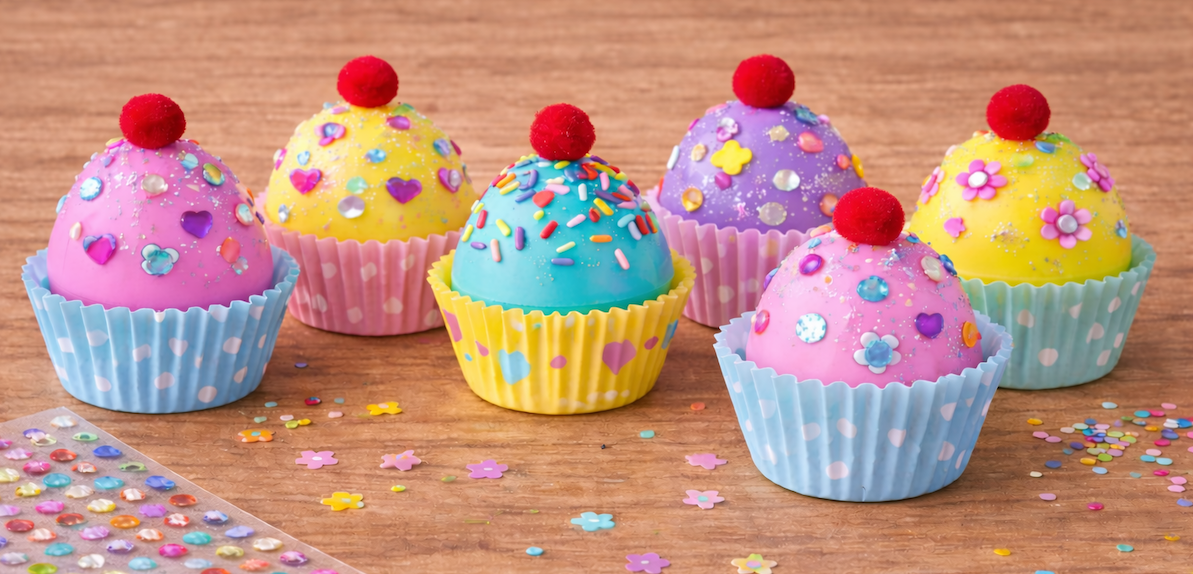 Colorful egg-shaped treats decorated with sprinkles and topped with red pom-poms, displayed in patterned cupcake liners on a wooden surface.