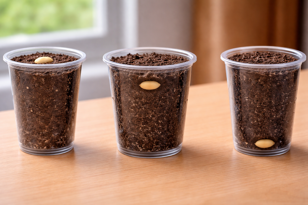 Seeds planted at different depths in clear cups filled with soil.
