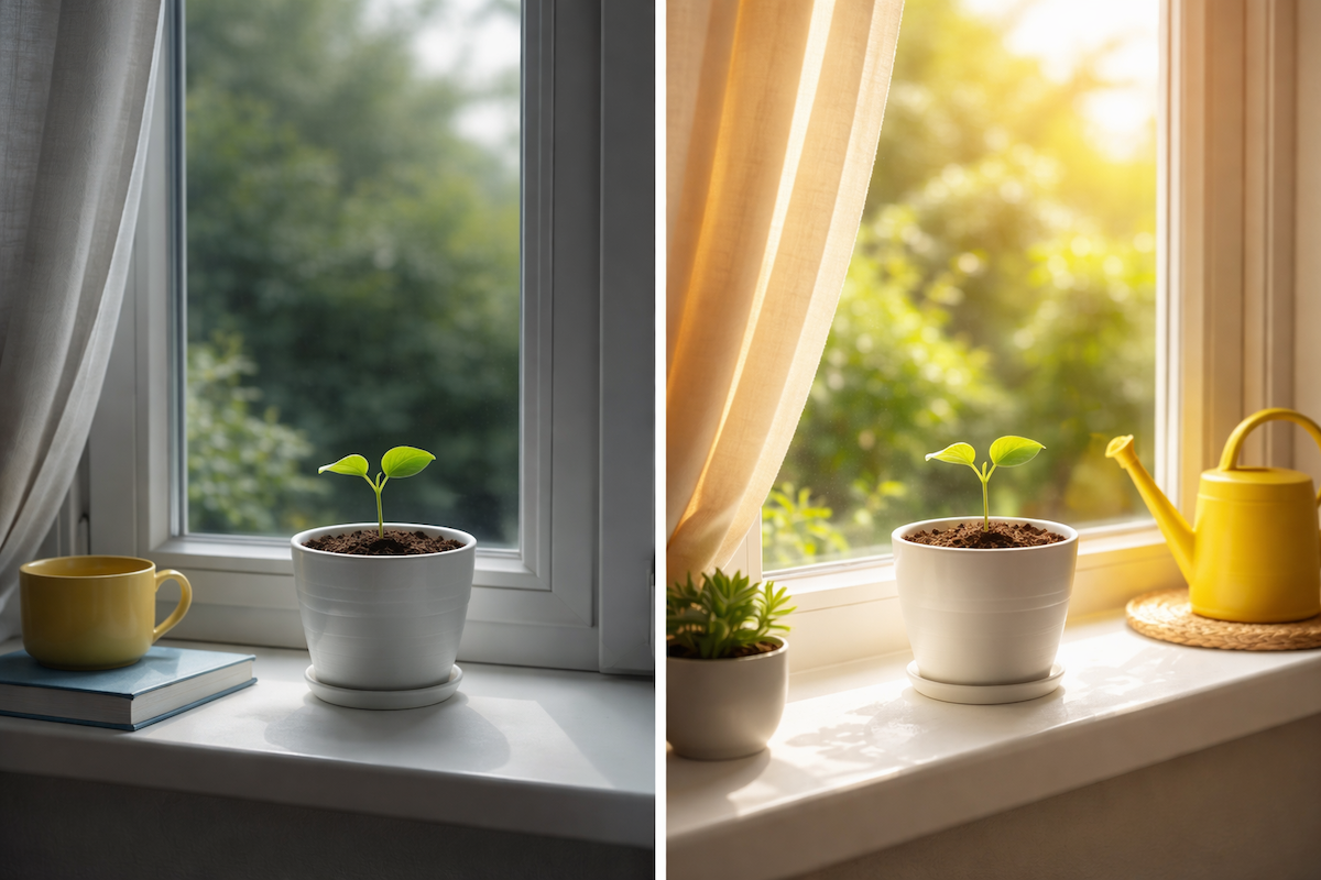 Seedling growing in a pot on a windowsill in morning and afternoon light comparison.