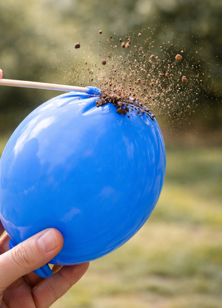 Soil bursting from a blue balloon pierced by a stick, demonstrating pressure.