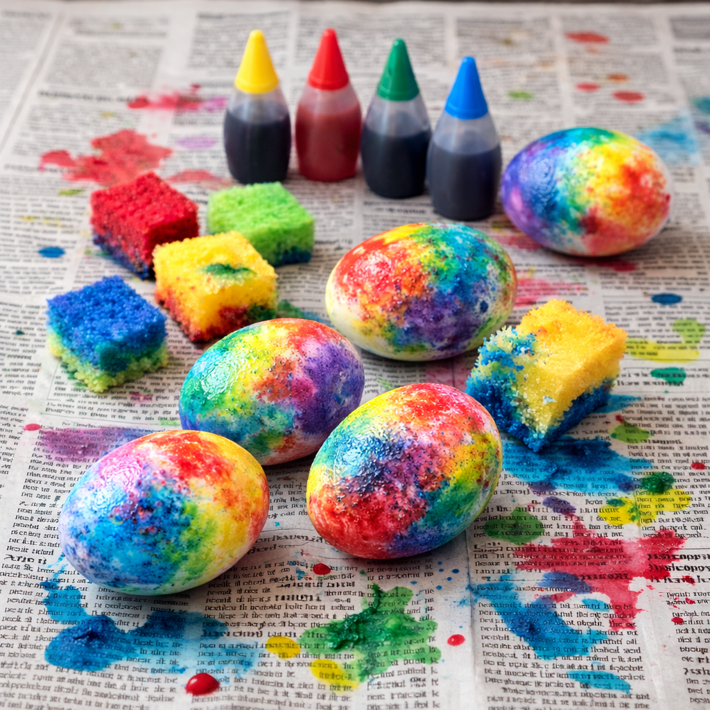 Rainbow-dyed Easter eggs on newspaper with paint splatters, food coloring bottles, and small sponge pieces used for decorating.