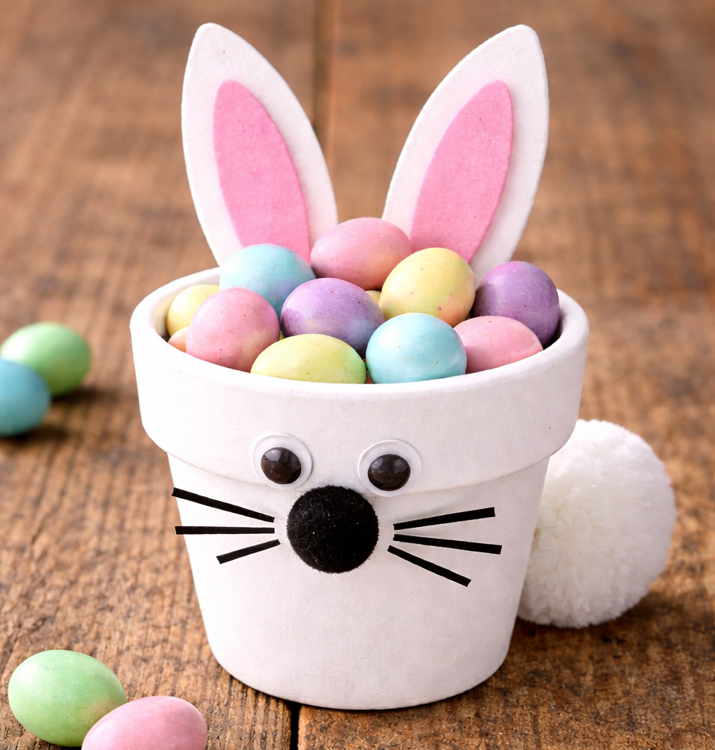 White flower pot decorated like a bunny with paper ears, googly eyes, whiskers, and a pom-pom tail, filled with pastel candy eggs.
