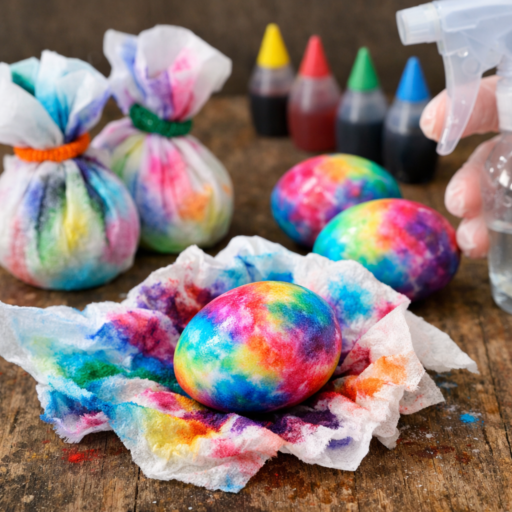 Tie-dye Easter eggs wrapped in paper towels with bright food coloring, alongside dye bottles and a spray bottle on a wooden surface.
