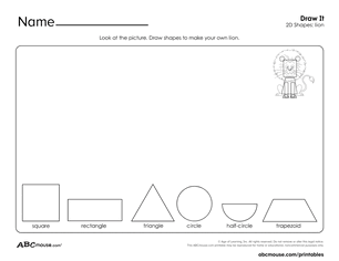 Free printable worksheet for kids from ABCmouse.com – use 2D shapes to draw a lion