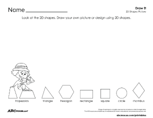 Free printable worksheet for kids from ABCmouse.com – draw your own picture using 2D shapes with Shawna (black and white)