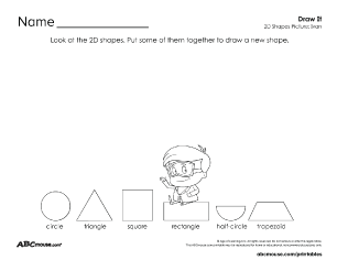 Free printable worksheet for kids from ABCmouse.com – draw your own picture using 2D shapes with Ivan (black and white)