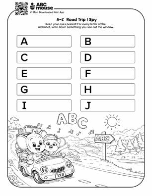Free printable road trip I spy A-J for kids from ABCmouse.com.