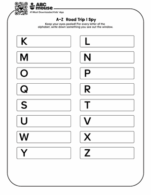 Free printable road trip I spy K-Z for kids from ABCmouse.com.
