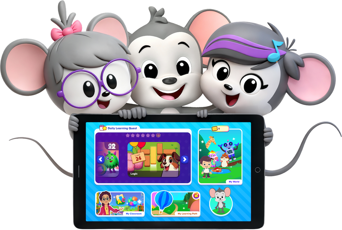 Three playful cartoon mice hold a tablet showing a colorful kids' learning app interface on the screen.