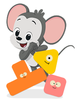 Cartoon gray elephant with large pink ears stacking colorful toy blocks with faces as a playful tower toy.