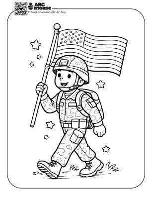 Free printable kids Memorial Day coloring page of a soldier walking while carrying an American flag.