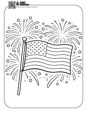 Free printable kids Memorial Day coloring page of an American flag with fireworks bursting in the background.