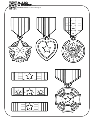 Free printable kids Memorial Day coloring page displaying a collection of military medals and ribbons.
