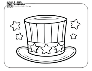 Free printable kids Memorial Day coloring page of a patriotic top hat decorated with stars and stripes.