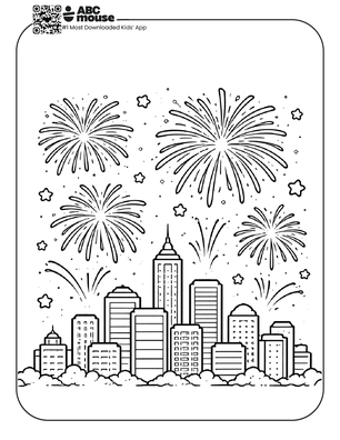 Free printable kids Memorial Day coloring page showing fireworks bursting over a city skyline.