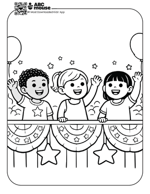 Free printable kids Memorial Day coloring page of children smiling and celebrating at a festive parade with patriotic banners.
