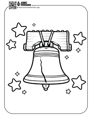 Free printable kids Memorial Day coloring page of the Liberty Bell surrounded by stars.