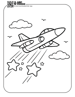 Free printable kids Memorial Day coloring page featuring a jet flying through the sky with stars trailing behind.