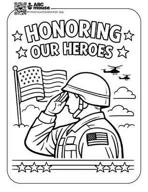 Free printable kids Memorial Day coloring page of a soldier saluting next to an American flag with “Honoring Our Heroes” text.