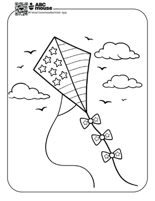 Free printable kids Memorial Day coloring page of a kite decorated like the American flag flying in the sky.