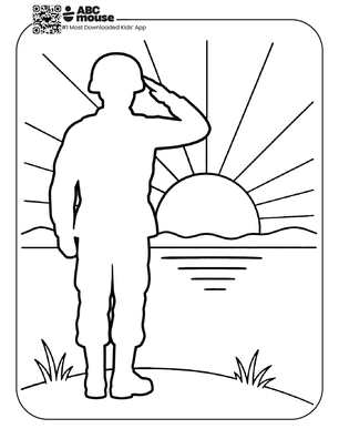 Free printable kids Memorial Day coloring page of a silhouette of a person saluting at sunrise with rays in the background.