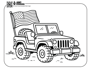 Free printable kids Memorial Day coloring page of a jeep driving with an American flag waving in the back.