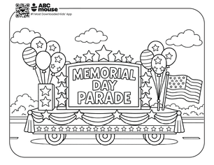 Free printable kids Memorial Day coloring page of a festive parade float with “Memorial Day Parade” sign and decorations.