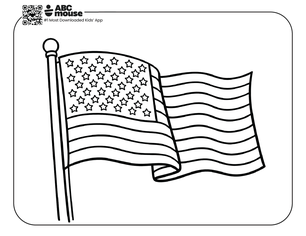Free printable kids Memorial Day coloring page of an American flag waving in the wind on a flagpole.