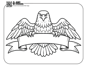 Free printable kids Memorial Day coloring page of an eagle holding a banner with wings spread wide.