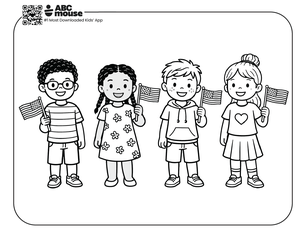 Free printable kids Memorial Day coloring page of a group of children happily waving American flags.