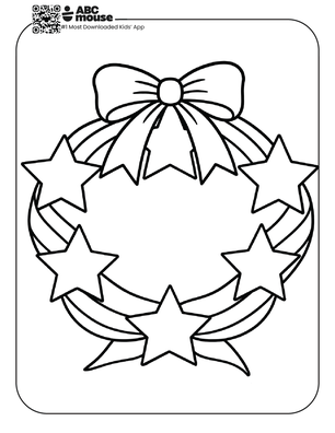 Free printable kids Memorial Day coloring page of a patriotic wreath decorated with stars and a large bow.