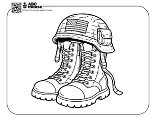 Free printable kids Memorial Day coloring page of military boots with a helmet resting on top.