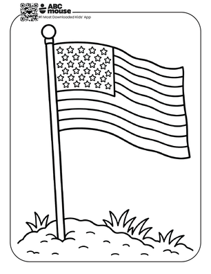 Free printable kids Memorial Day coloring page of an American flag waving on a flagpole outdoors.