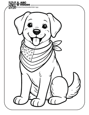 Free printable kids Memorial Day coloring page of a happy dog sitting and wearing a patriotic scarf.