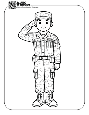 Free printable kids Memorial Day coloring page of a uniformed soldier standing and saluting.