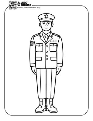 Free printable kids Memorial Day coloring page of a soldier standing at attention in uniform.