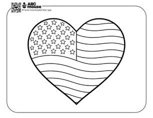 Free printable kids Memorial Day coloring page of a heart filled with American flag patterns.