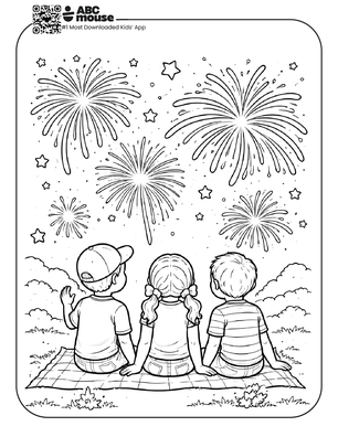 Free printable kids Memorial Day coloring page of three children sitting together watching fireworks in the night sky.