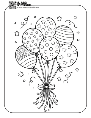 Free printable kids Memorial Day coloring page of a bunch of festive balloons with stars and patterns tied together.