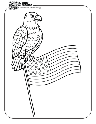 Free printable kids Memorial Day coloring page of an eagle perched above an American flag on a flagpole.