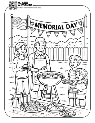Free printable kids Memorial Day coloring page of a family enjoying a backyard BBQ with a “Memorial Day” banner and grill.
