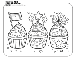 Free printable kids Memorial Day coloring page of cupcakes decorated with stars, stripes, and small flags.